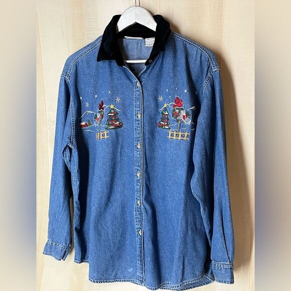 Basic Editions Holiday Shirt Size Large Denim Chambray Christmas W… - Picture 8 of 9
